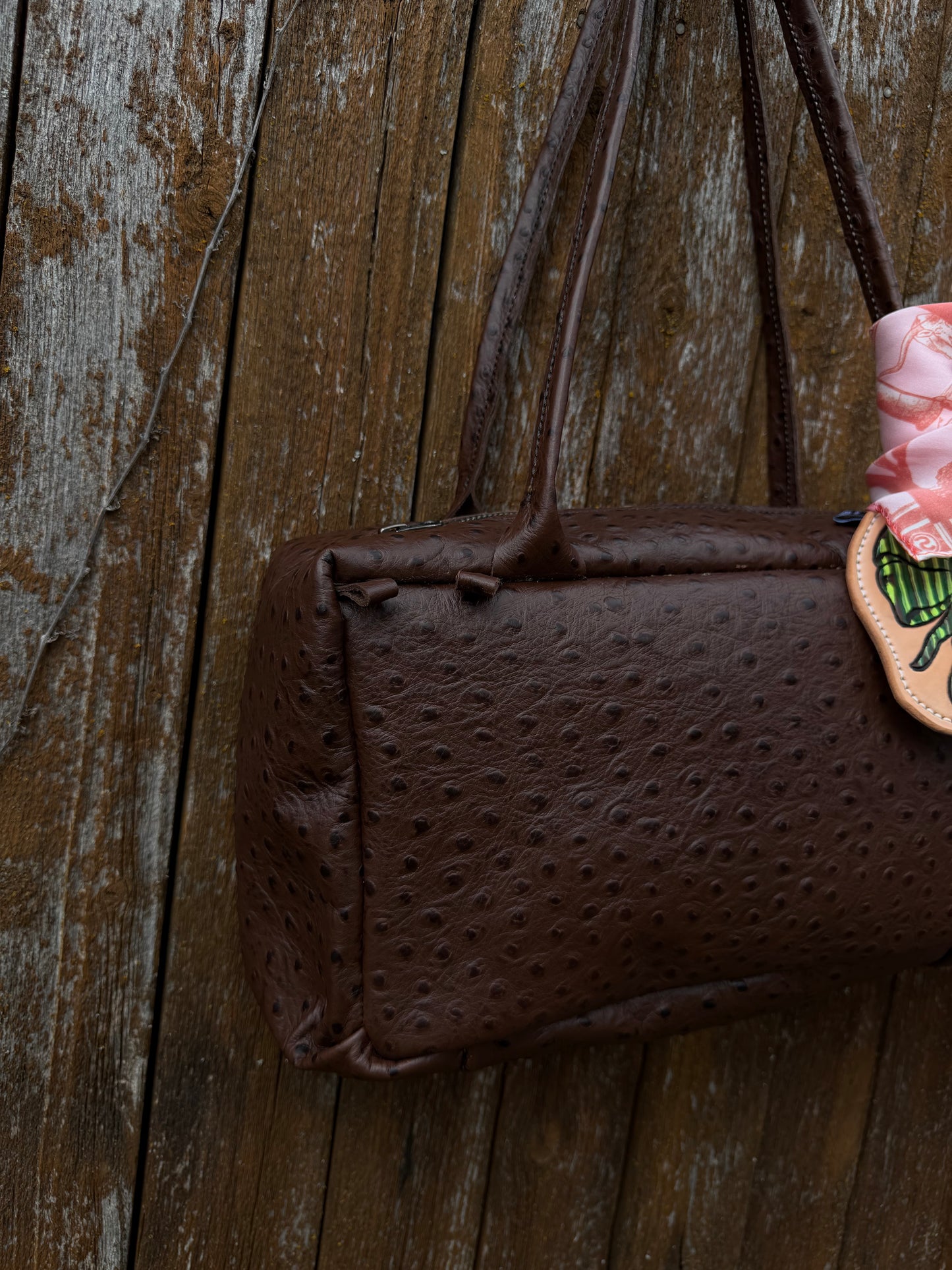 Chocolate Embossed Ostrich Drop Shoulder Bag