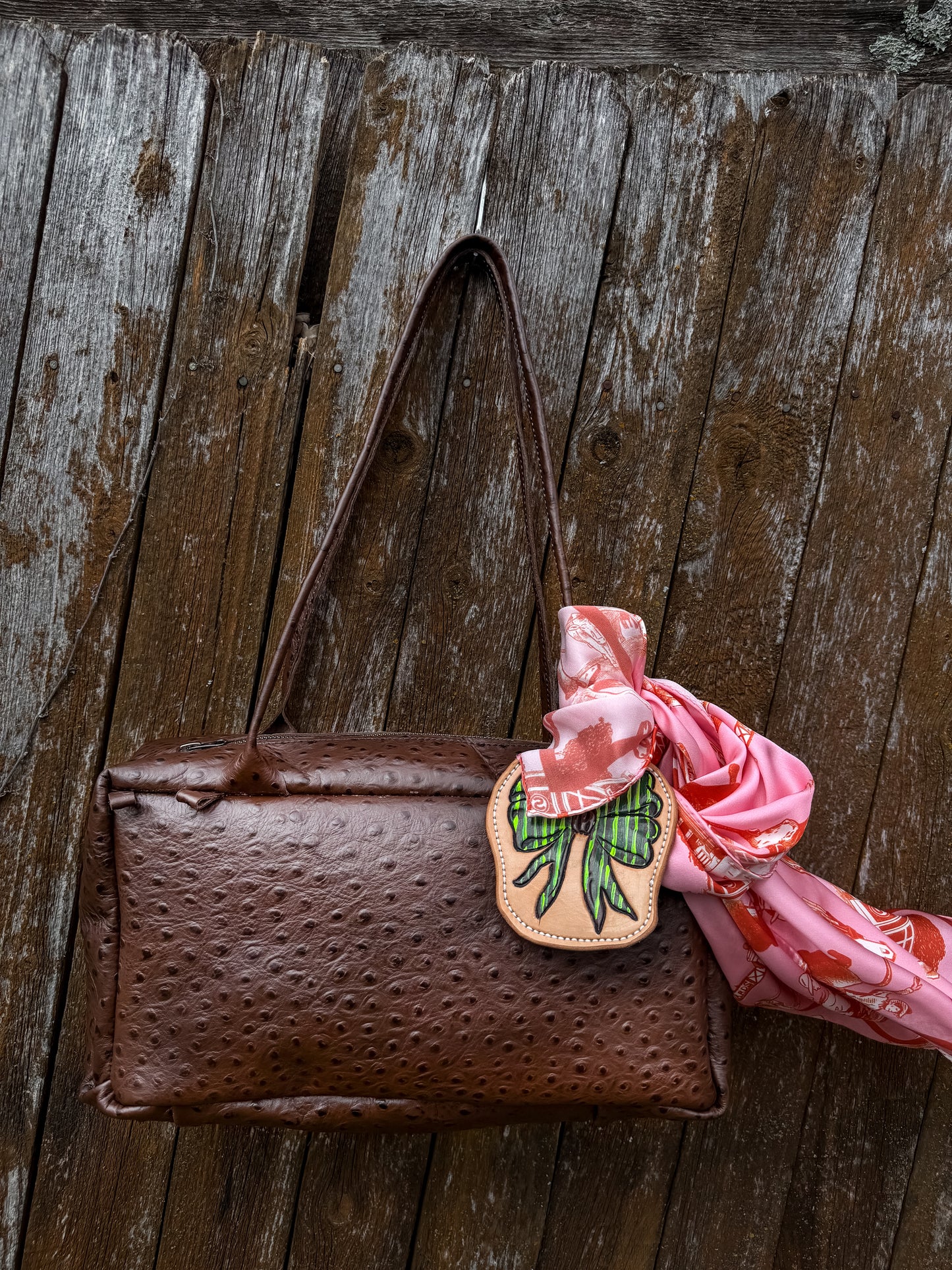 Chocolate Embossed Ostrich Drop Shoulder Bag