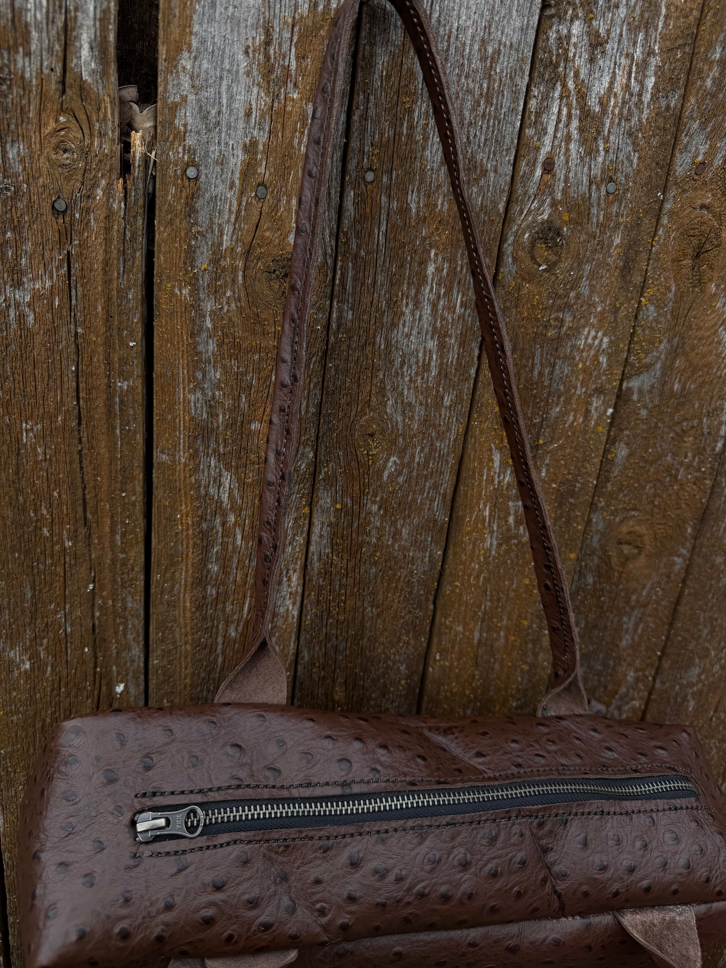 Chocolate Embossed Ostrich Drop Shoulder Bag