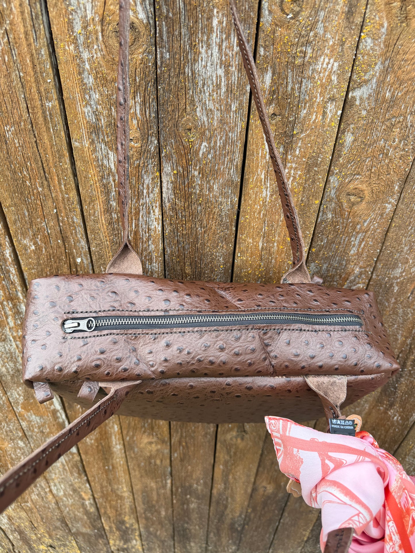 Chocolate Embossed Ostrich Drop Shoulder Bag