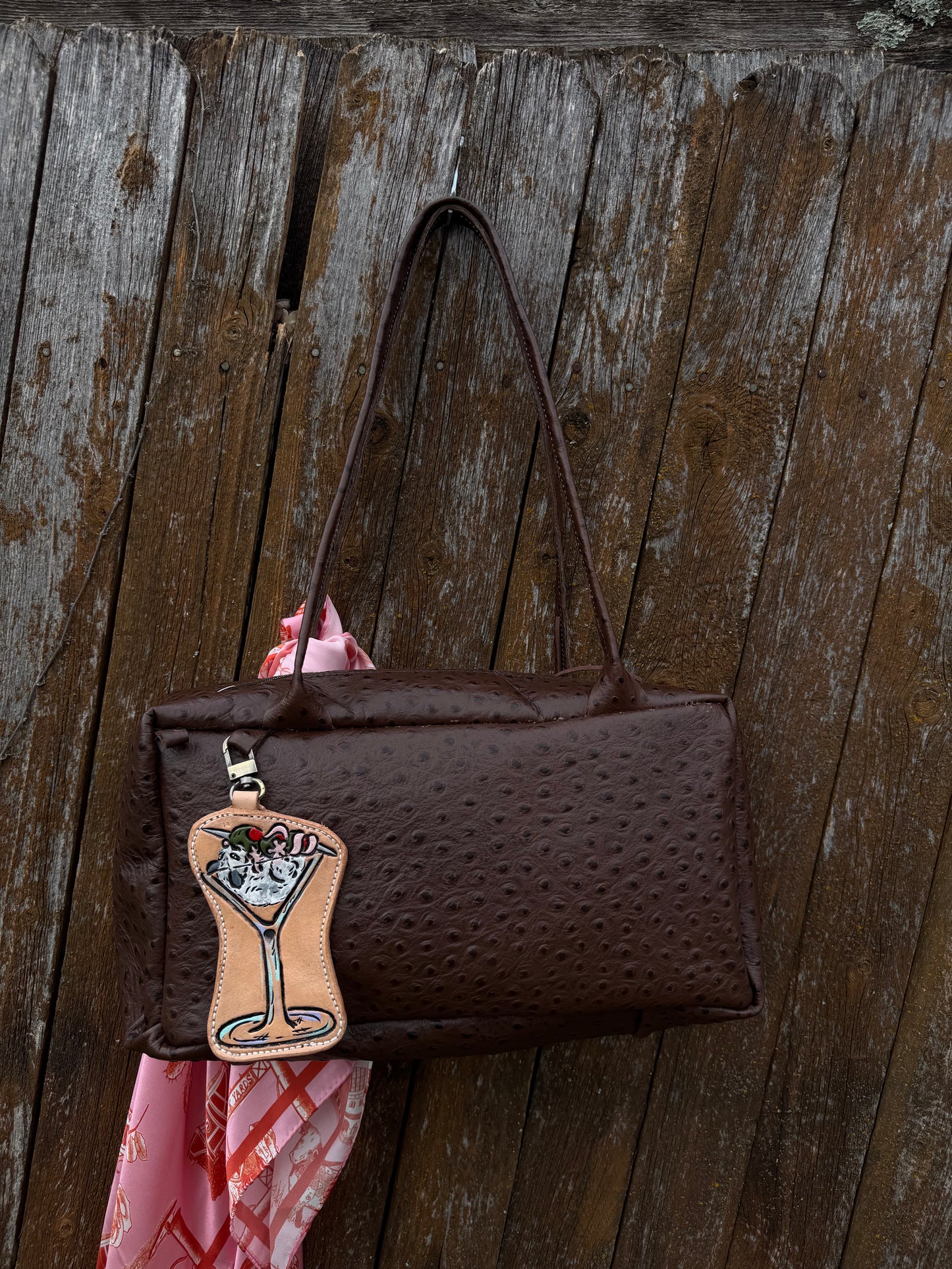 Chocolate Embossed Ostrich Drop Shoulder Bag