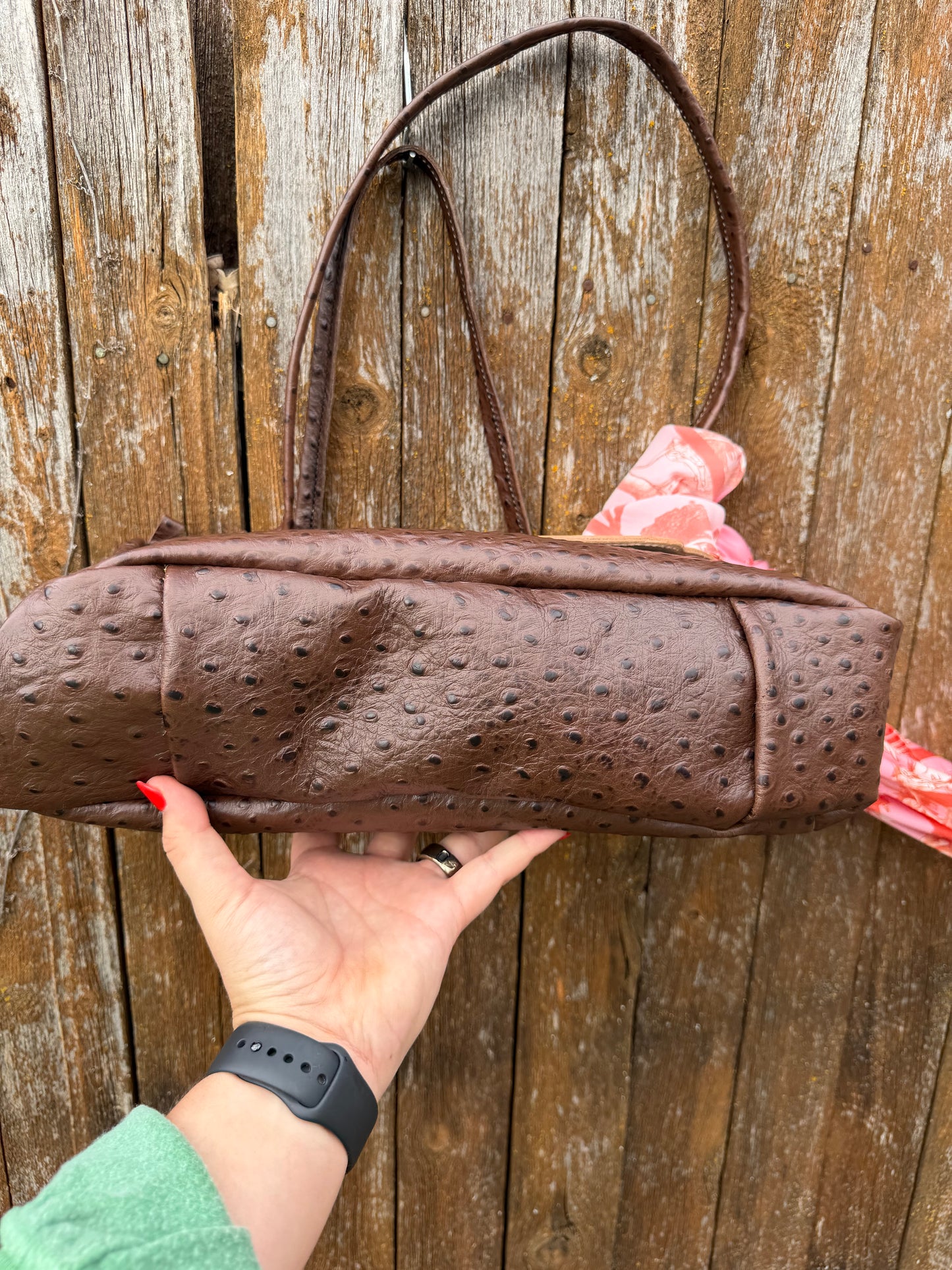 Chocolate Embossed Ostrich Drop Shoulder Bag