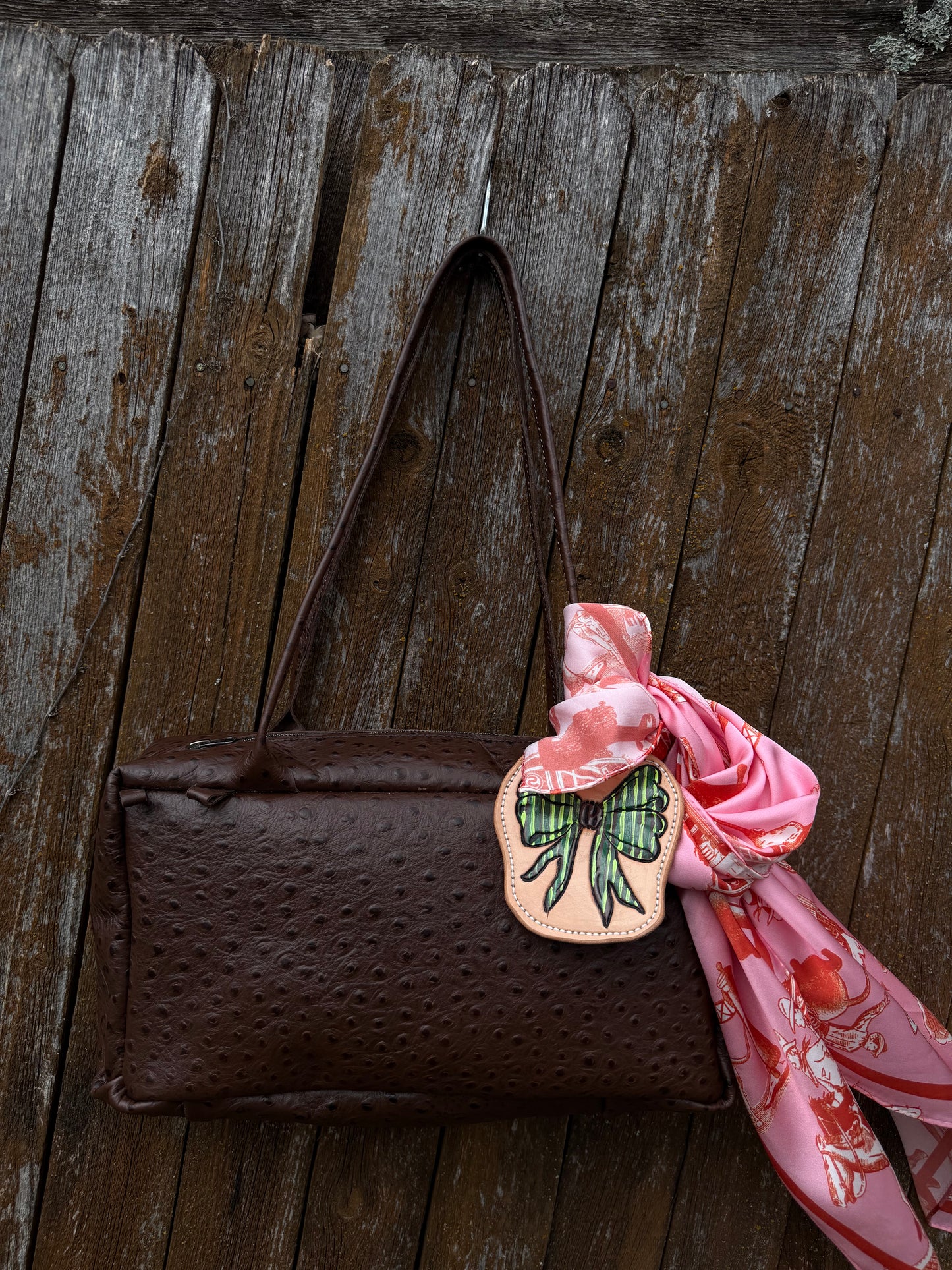 Chocolate Embossed Ostrich Drop Shoulder Bag