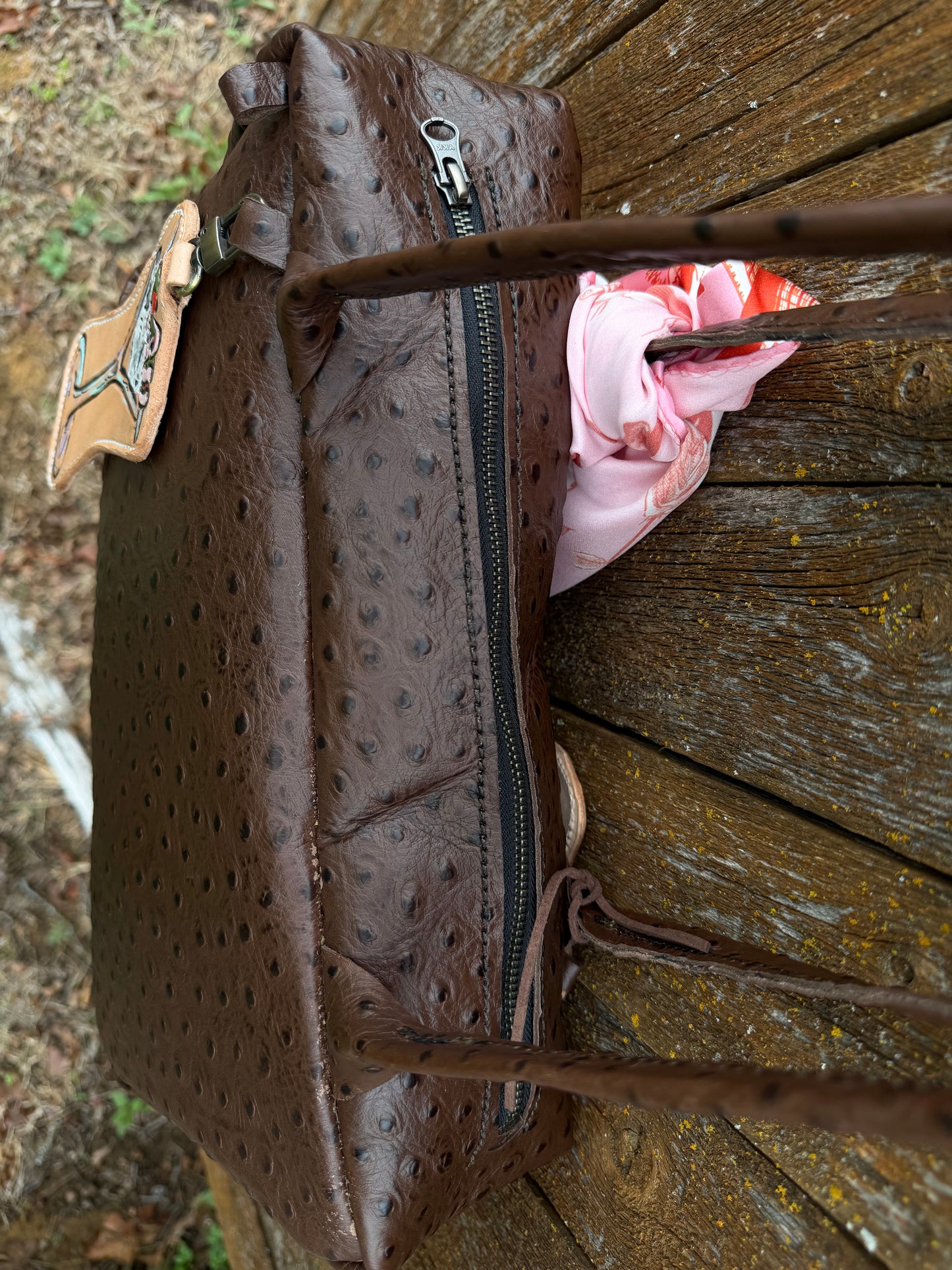 Chocolate Embossed Ostrich Drop Shoulder Bag