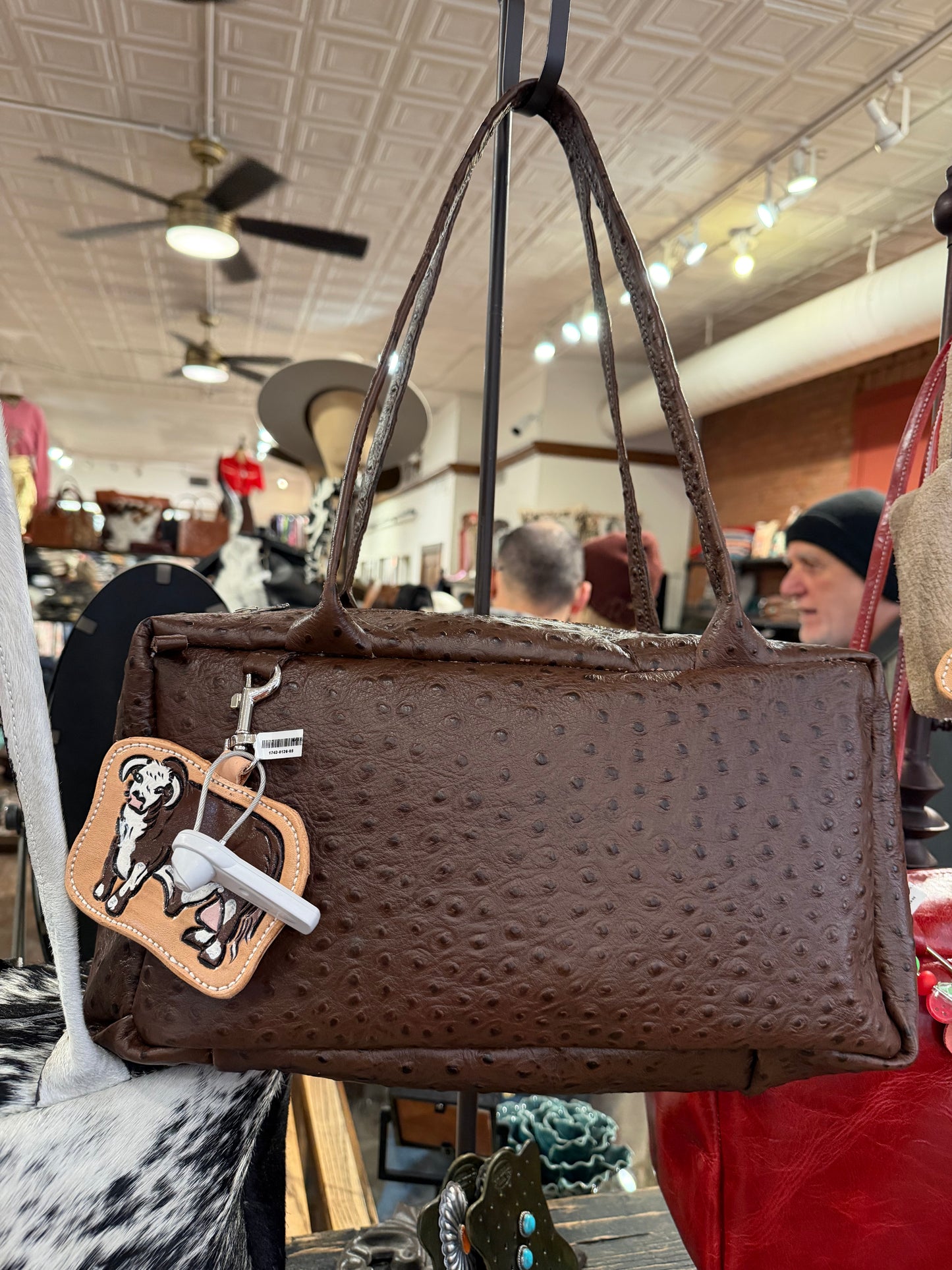 Chocolate Embossed Ostrich Drop Shoulder Bag